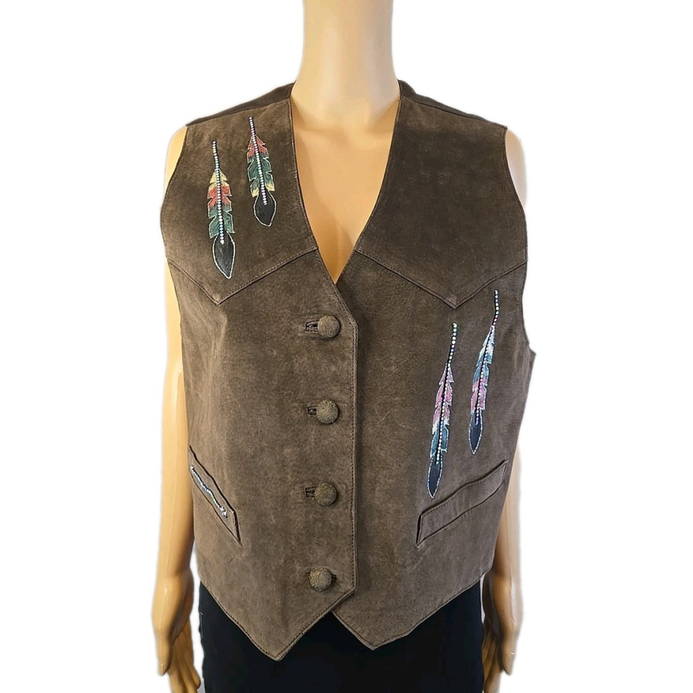 Wanted Genuine Leather Feather Appliqué Vest Western Festival Large - Picture 2 of 10